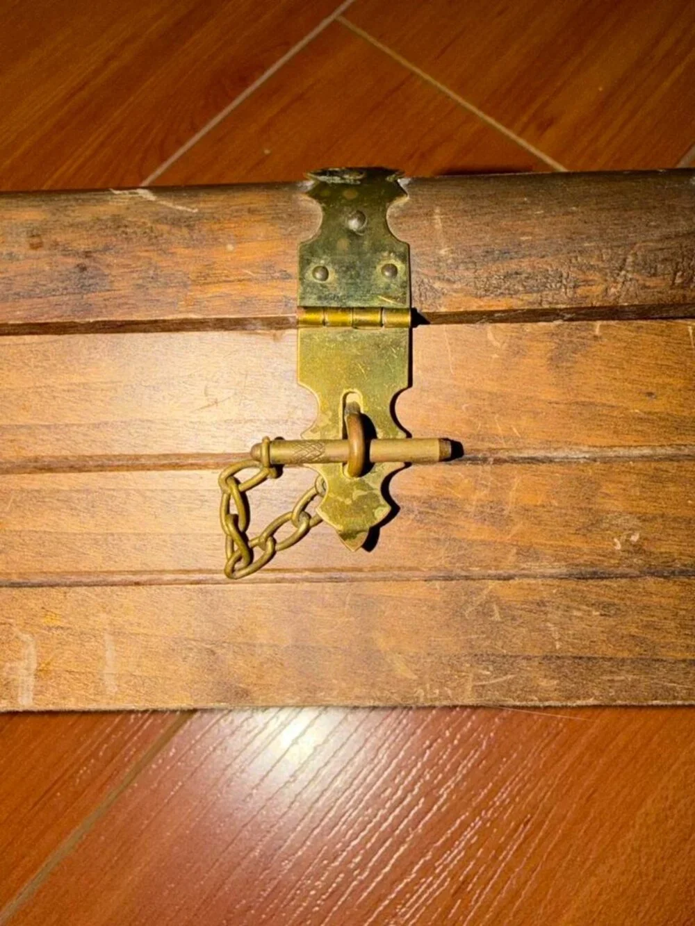 Vintage Wooden Jewelry Box Chest Gold Latch Red Lining